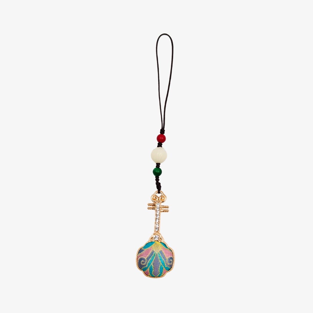 Song Brocade Pipa Charm Blue Gold Mulberry Silk Pendant