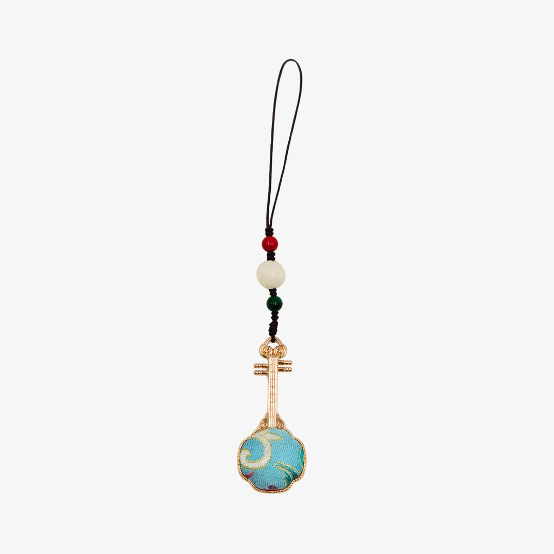 Song Brocade Pipa Charm Blue Gold Mulberry Silk Pendant