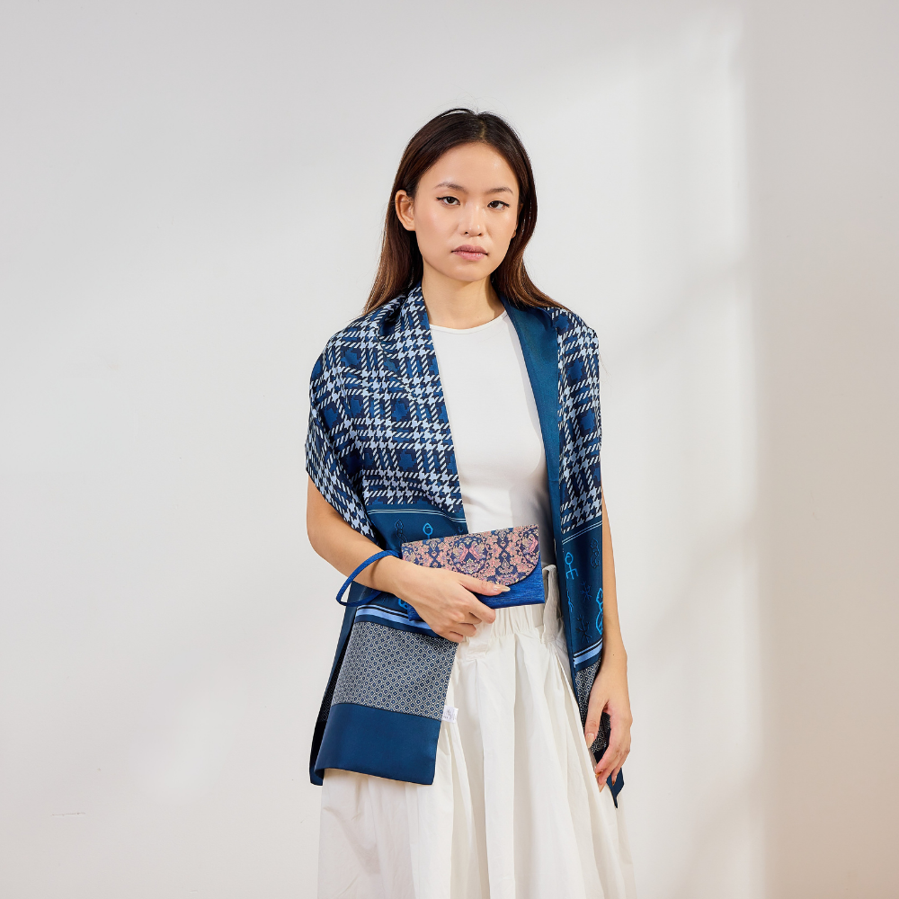 100% Mulberry Silk ‘Blue Mood’ Long Scarf