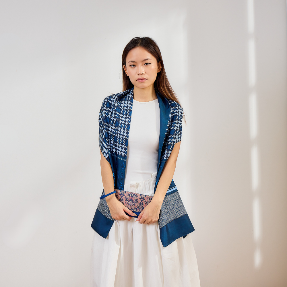100% Mulberry Silk ‘Blue Mood’ Long Scarf