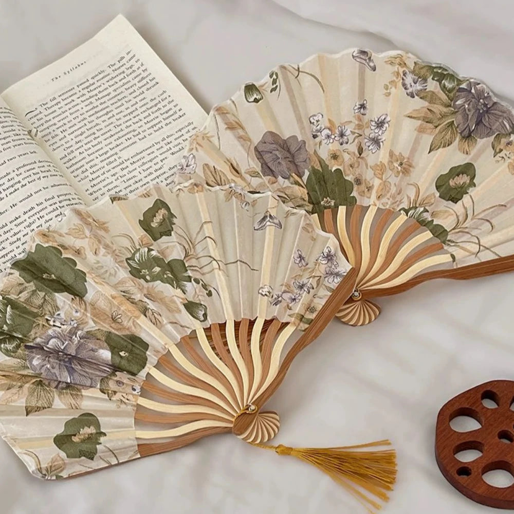 Chinese Floral Folding Hand Fan with Tassel for Wedding Decor