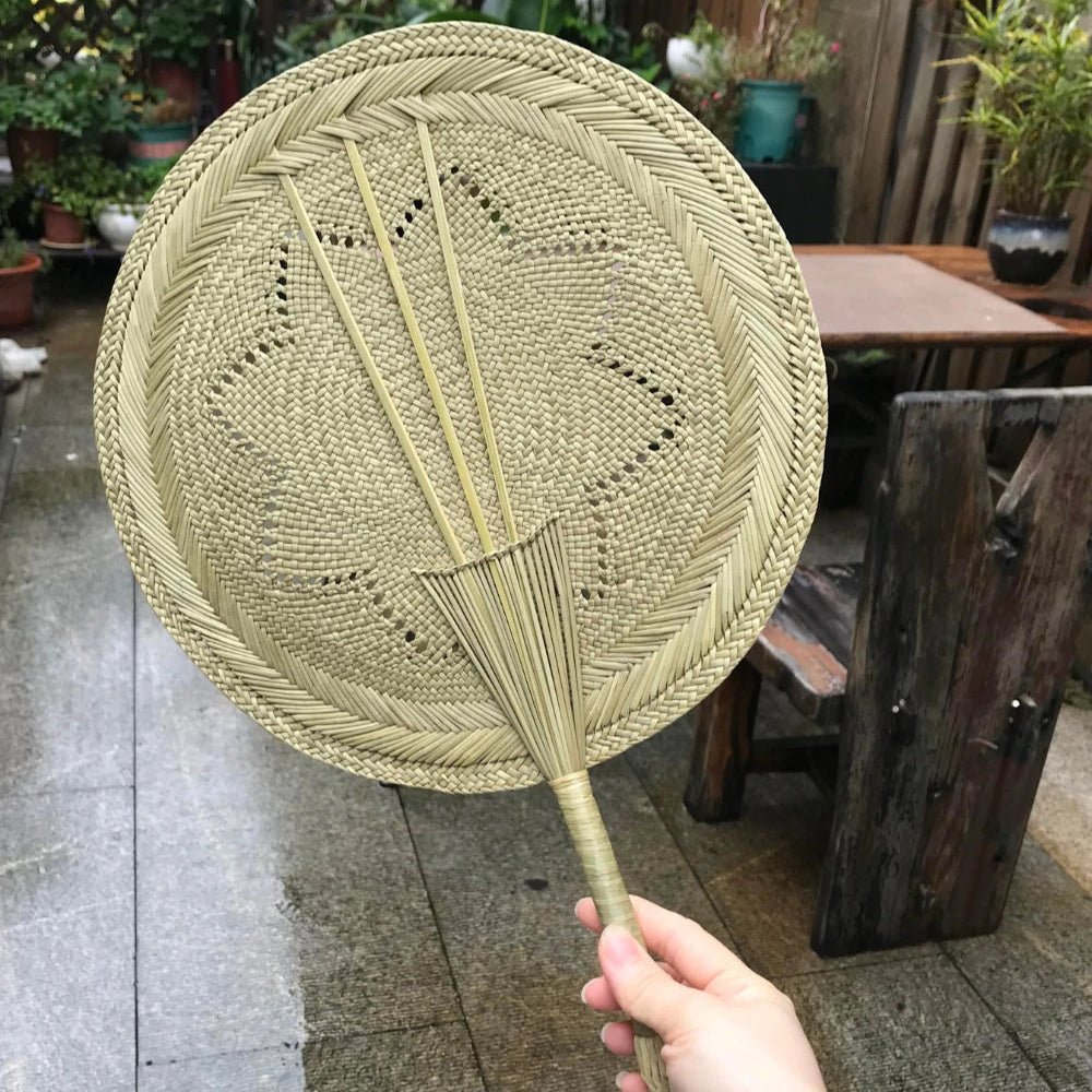 Natural Hand Fan Bamboo Rush Traditional Weaving Large Size Eco Cooling