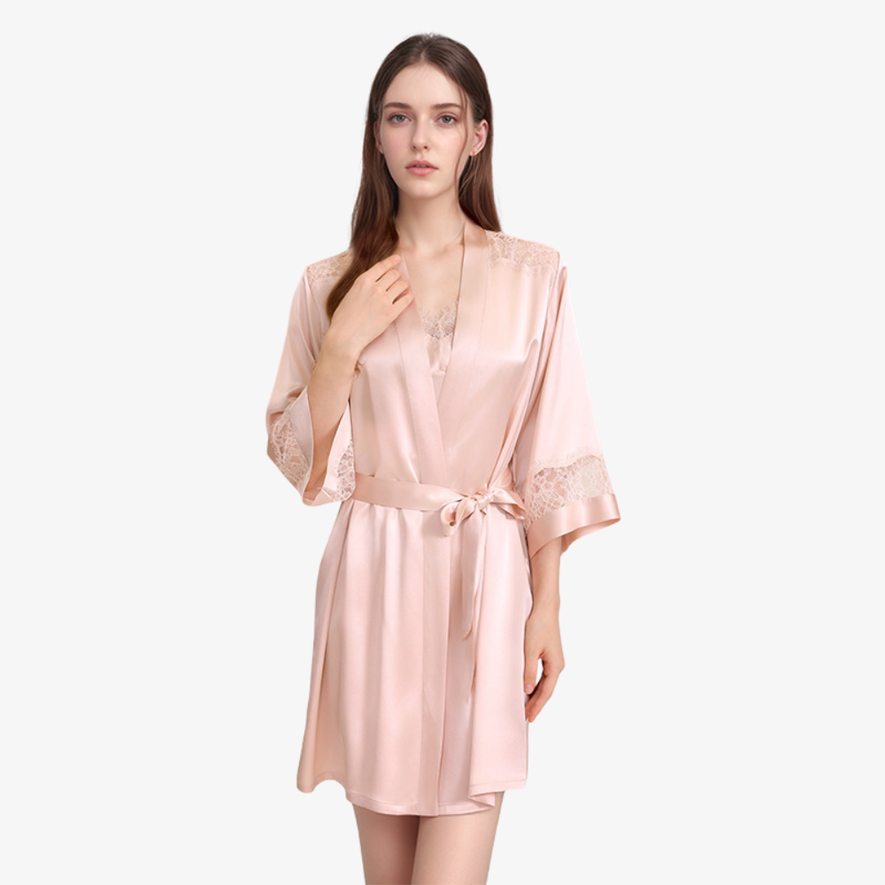 16 Momme 100% Mulberry Silk Lace Robe with Built-In Bra Cups Set