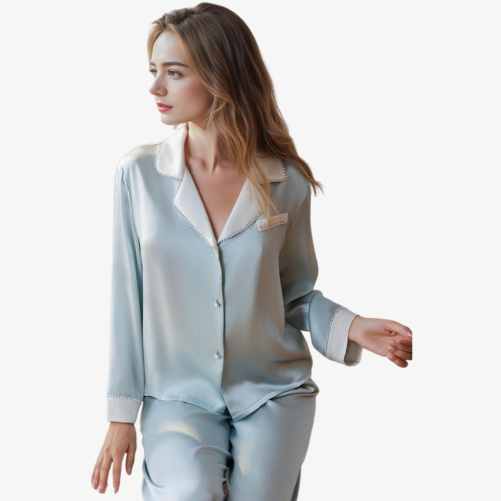 19 Momme 100% Mulberry Silk Color-Blocked Pearl Pajama Set