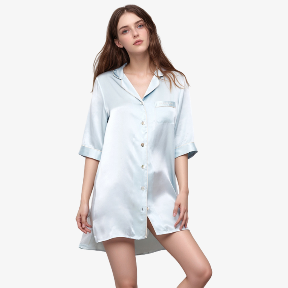 16 Momme 100% Mulberry Silk Mid-Length Shirt Dress Sleepwear