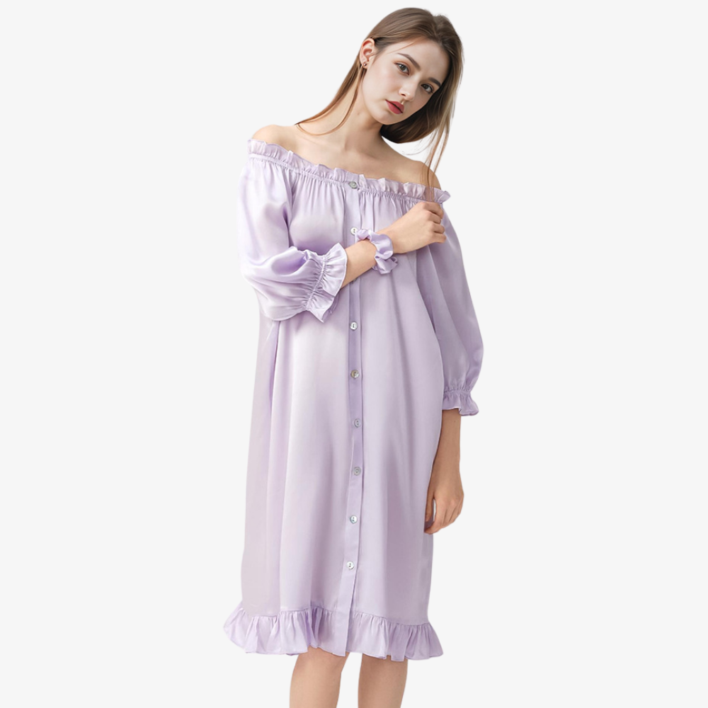 16 Momme 100% Mulberry Silk Off-Shoulder French Puff-Sleeve Nightgown