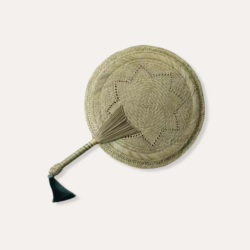 Natural Hand Fan Bamboo Rush Traditional Weaving Large Size Eco Cooling