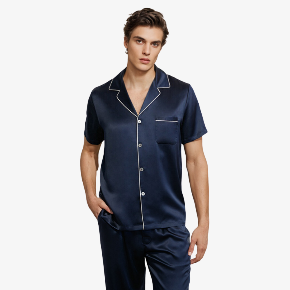 19 Momme 100% Mulberry Silk Men’s Short-Sleeve Long Pants Pajama Set