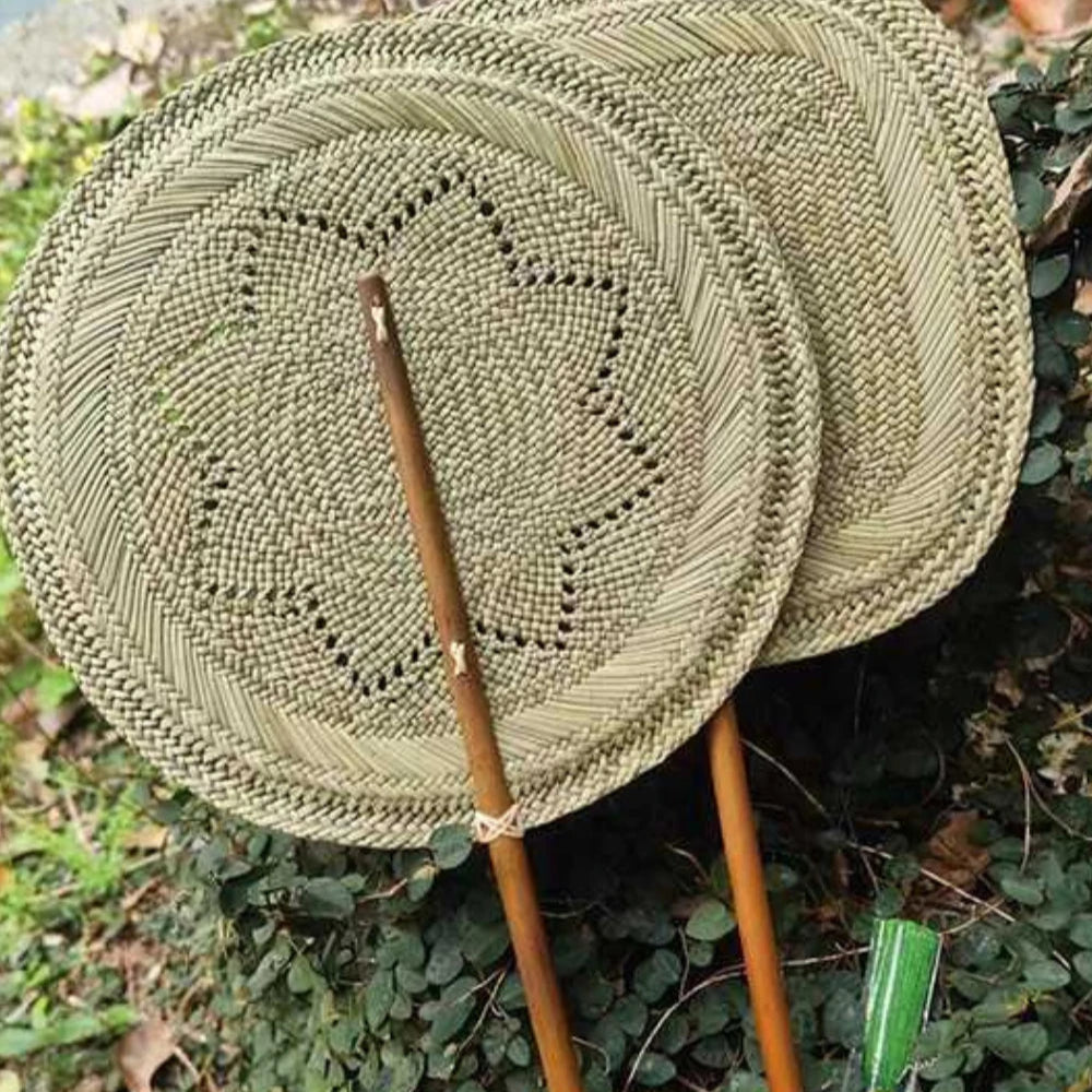 Natural Hand Fan Woven Rush Bamboo Traditional Style Cooling Portable