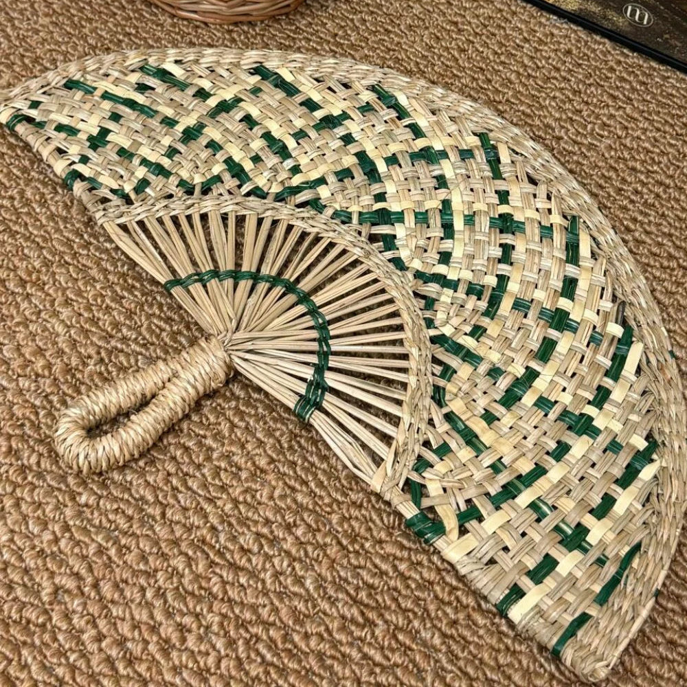 Natural Blue Woven Straw Hand Fan Eco Friendly Summer Cooling Gift