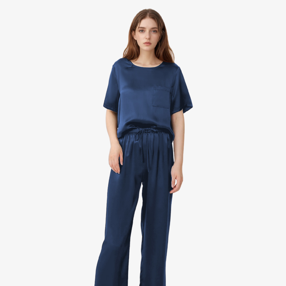 16 Momme 100% Mulberry Silk Short-Sleeve Top & Long Pants Pajama Set