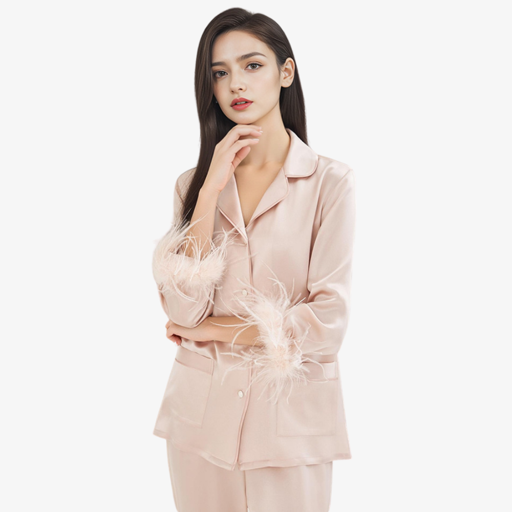 19 Momme 100% Mulberry Silk Feather-Trim Pajama Set