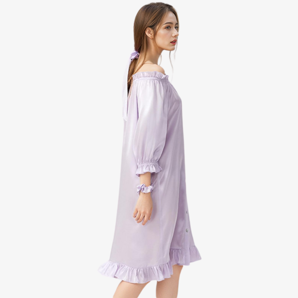 16 Momme 100% Mulberry Silk Off-Shoulder French Puff-Sleeve Nightgown