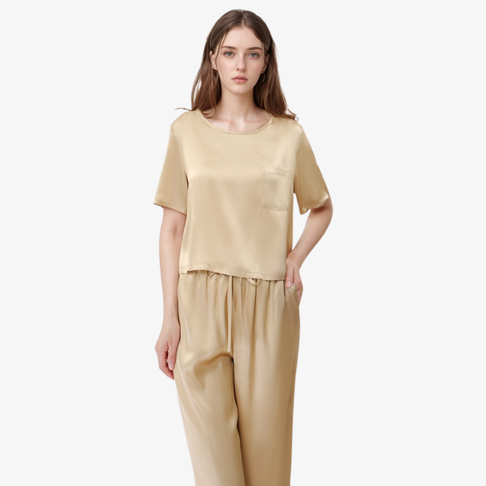 16 Momme 100% Mulberry Silk Short-Sleeve Top & Long Pants Pajama Set