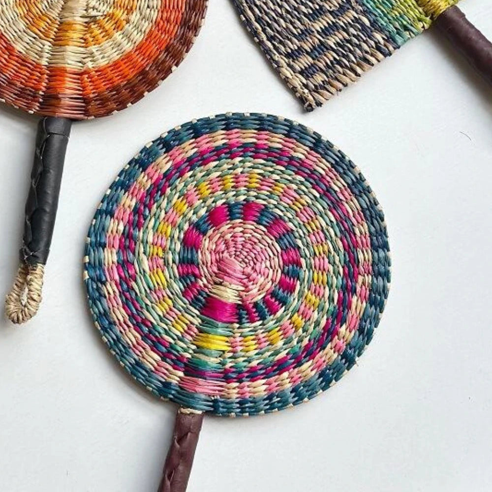 Retro Handwoven Sea Grass Round Hand Fan Colorful Wall Decor Gift