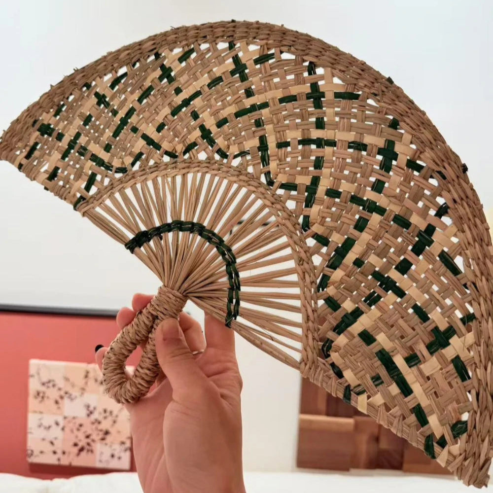 Natural Blue Woven Straw Hand Fan Eco Friendly Summer Cooling Gift