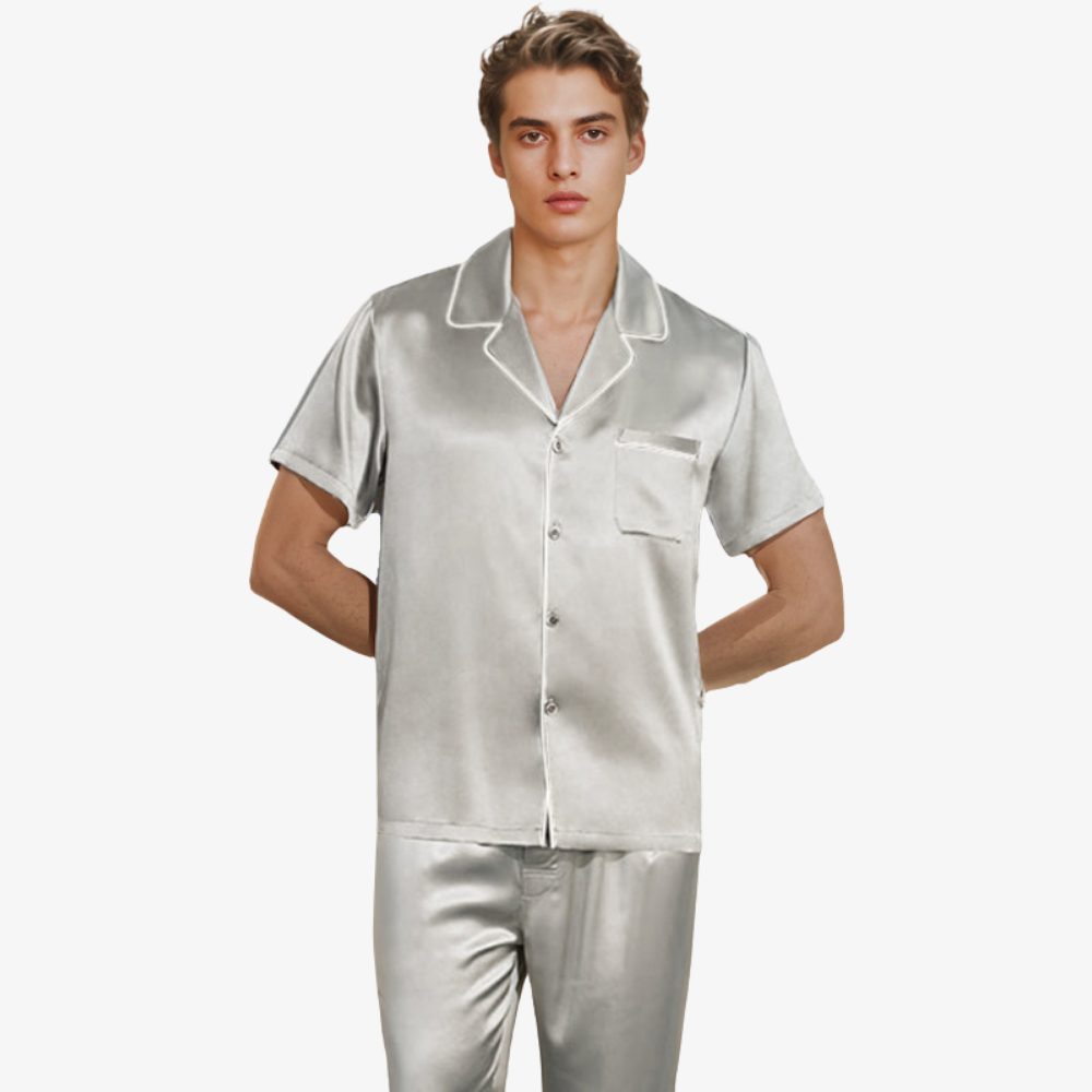 19 Momme 100% Mulberry Silk Men’s Short-Sleeve Long Pants Pajama Set