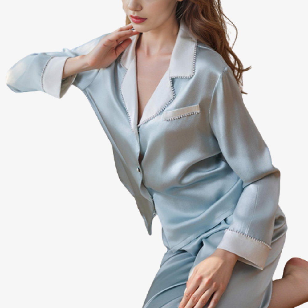 19 Momme 100% Mulberry Silk Color-Blocked Pearl Pajama Set