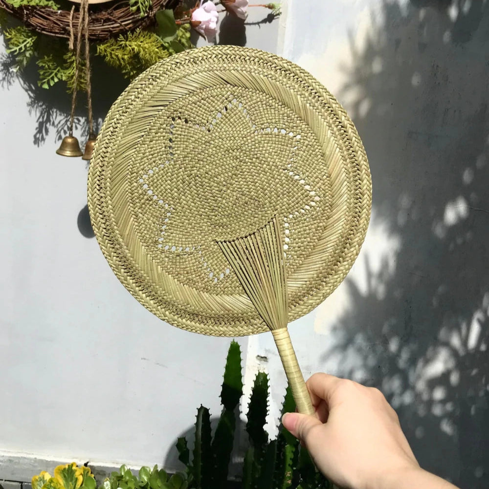 Natural Hand Fan Bamboo Rush Traditional Weaving Large Size Eco Cooling