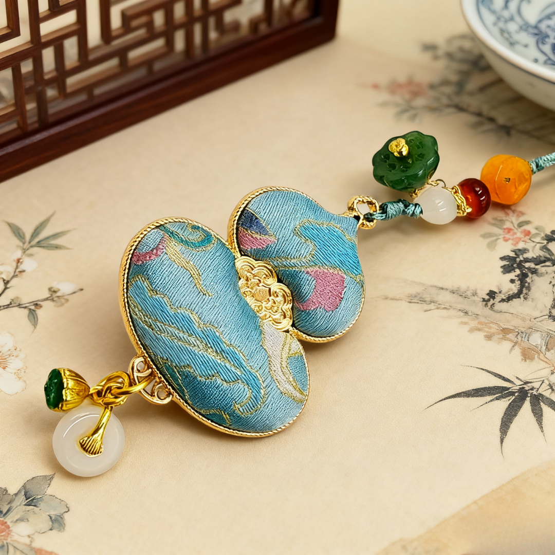 Song Brocade Gourd Charm Blue Gold Mulberry Silk Pendant