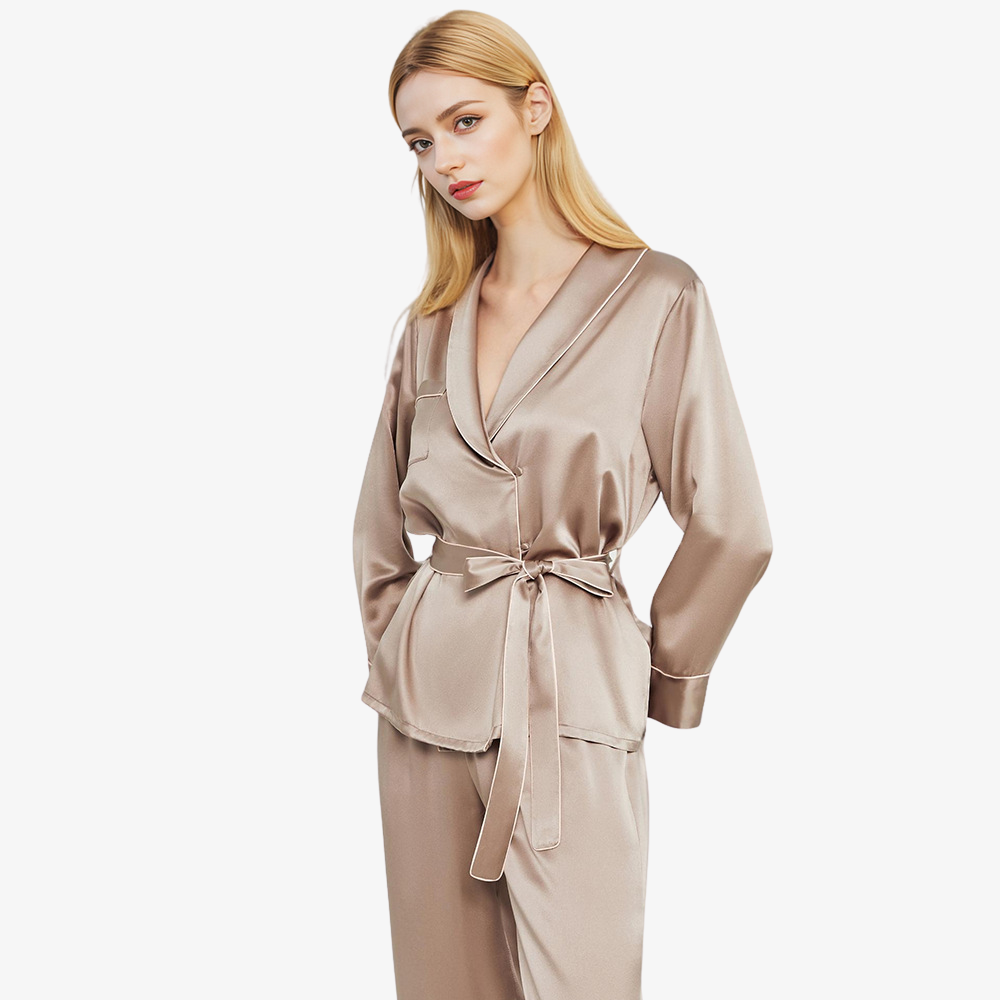 19 Momme 100% Mulberry Silk Short Robe & Long Pants Pajama Set