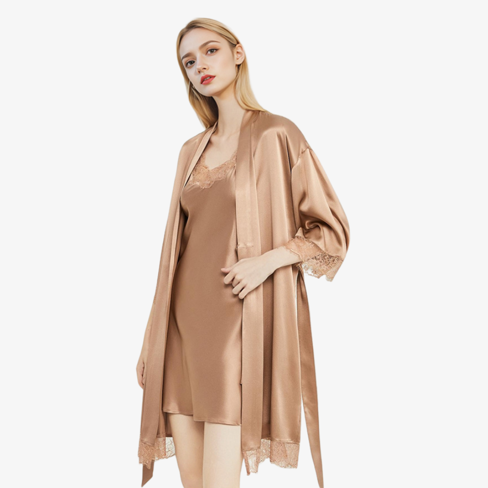 19 Momme 100% Mulberry Silk Lace Camisole & Robe Set