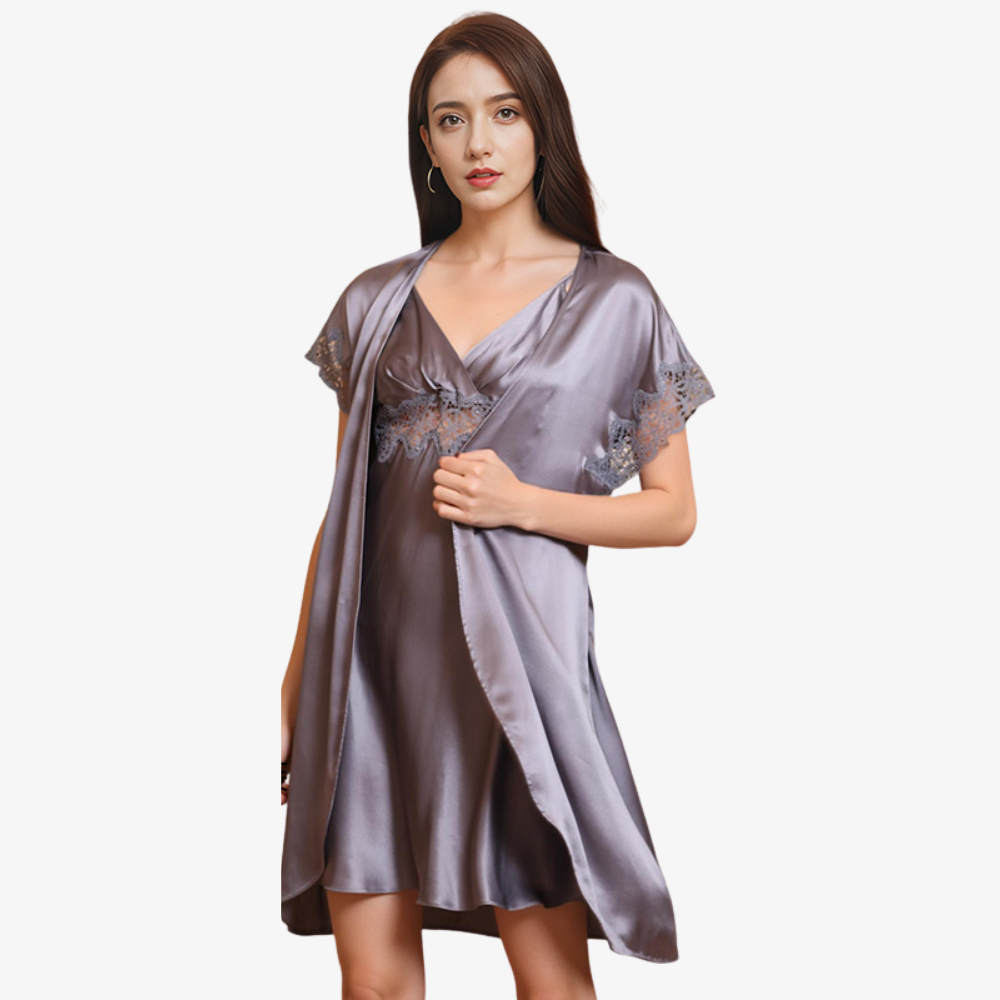 19 Momme 100% Mulberry Silk Camisole Short Nightgown & Robe Set