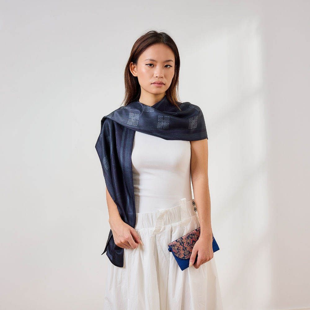 100% Mulberry Silk ‘Oracle Bone Gray’ Long Scarf