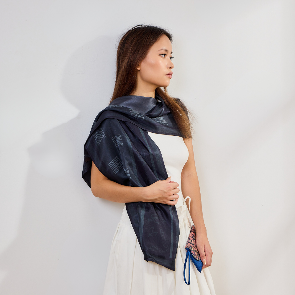 100% Mulberry Silk ‘Oracle Bone Gray’ Long Scarf