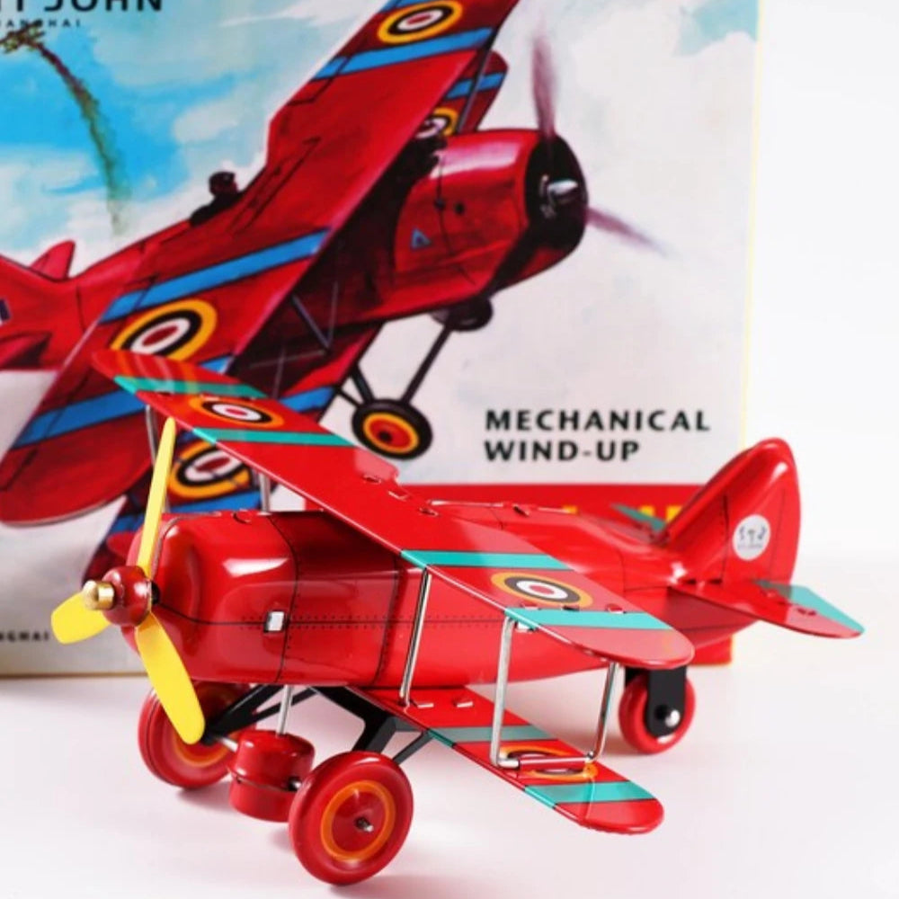 Handmade Biplane Fighter Retro Tin Plane Wind Up Model for Collectors and Gifts