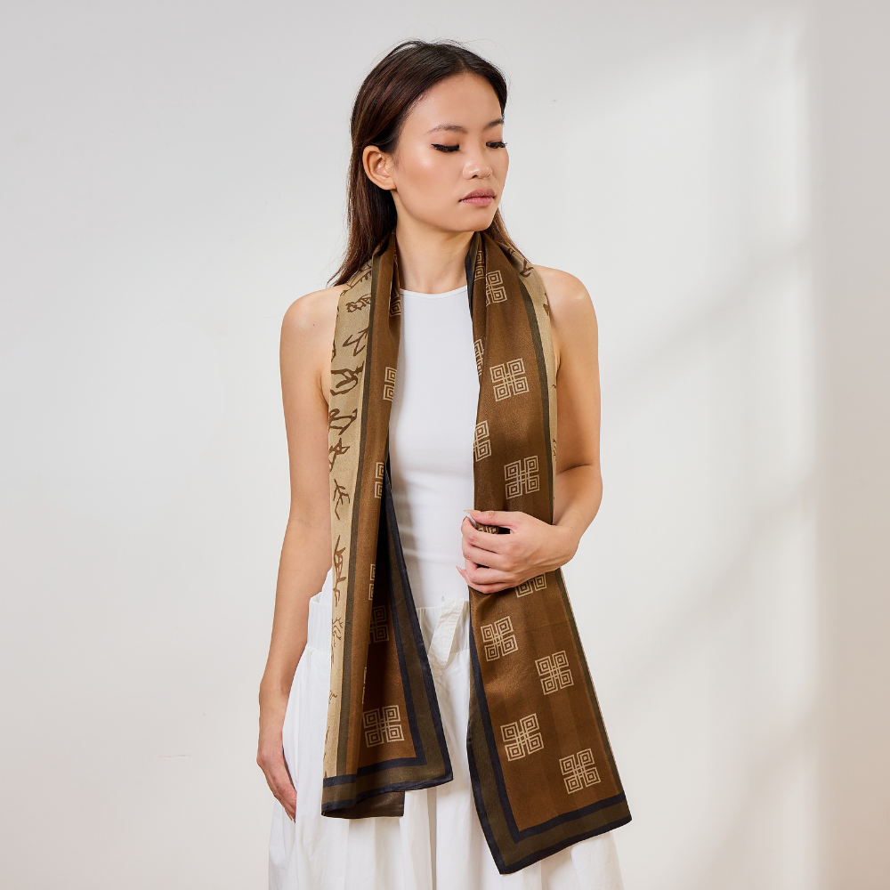 100% Mulberry Silk ‘Oracle Bone Brown’ Long Scarf
