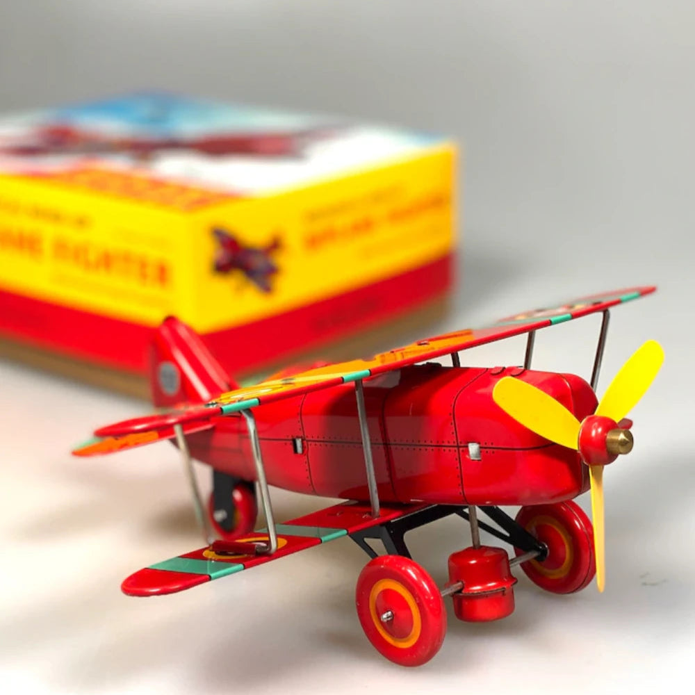 Handmade Biplane Fighter Retro Tin Plane Wind Up Model for Collectors and Gifts