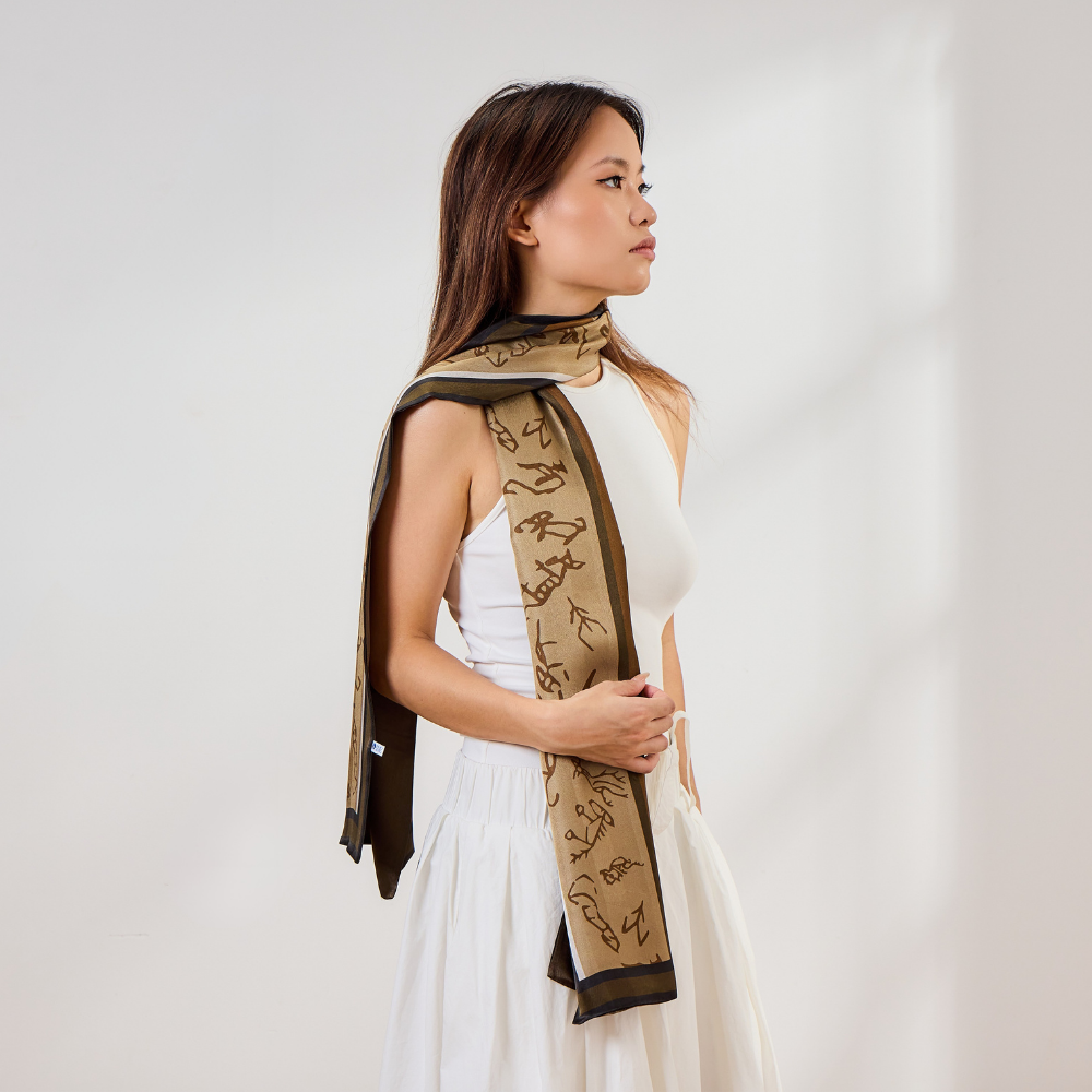 100% Mulberry Silk ‘Oracle Bone Brown’ Long Scarf
