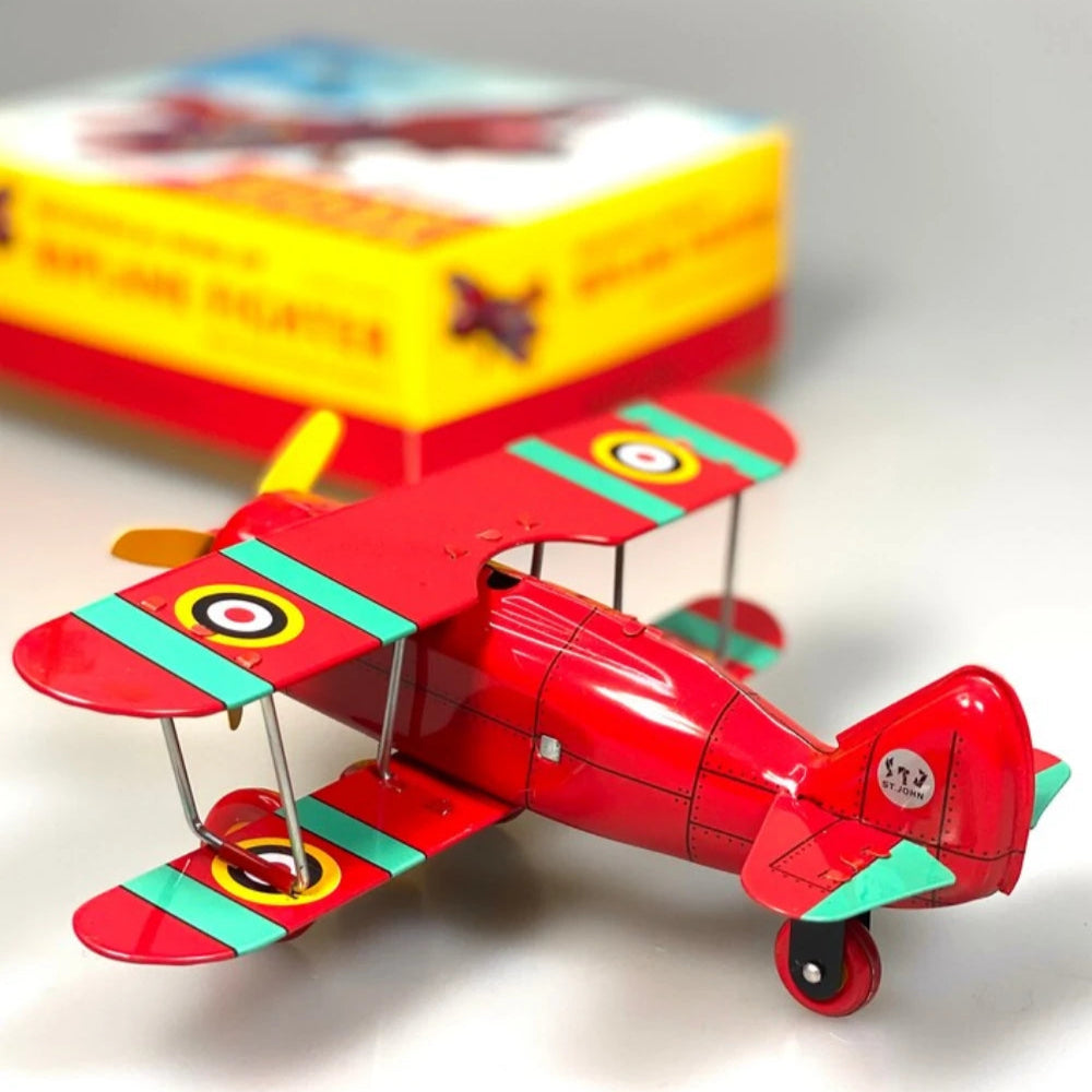 Handmade Biplane Fighter Retro Tin Plane Wind Up Model for Collectors and Gifts