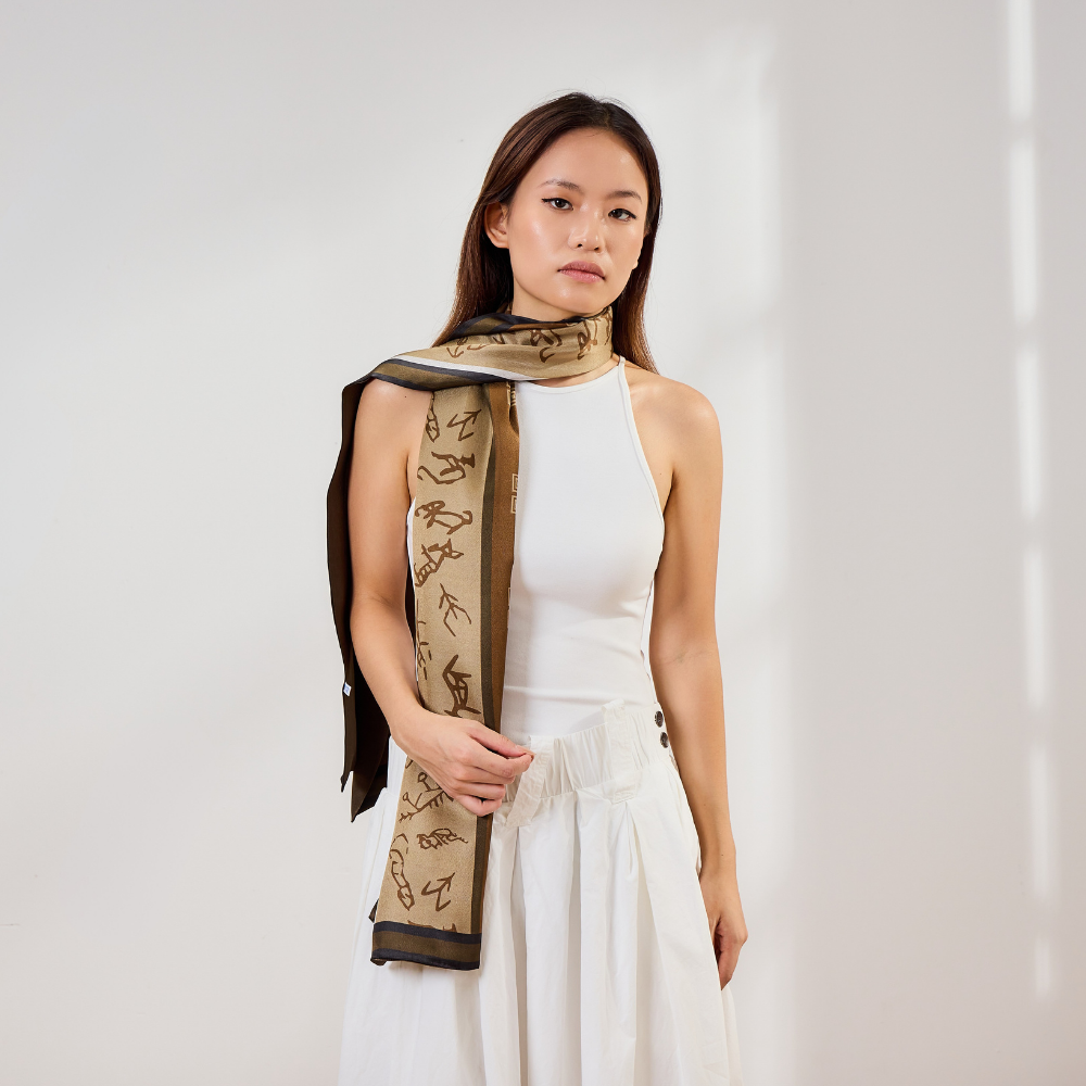 100% Mulberry Silk ‘Oracle Bone Brown’ Long Scarf