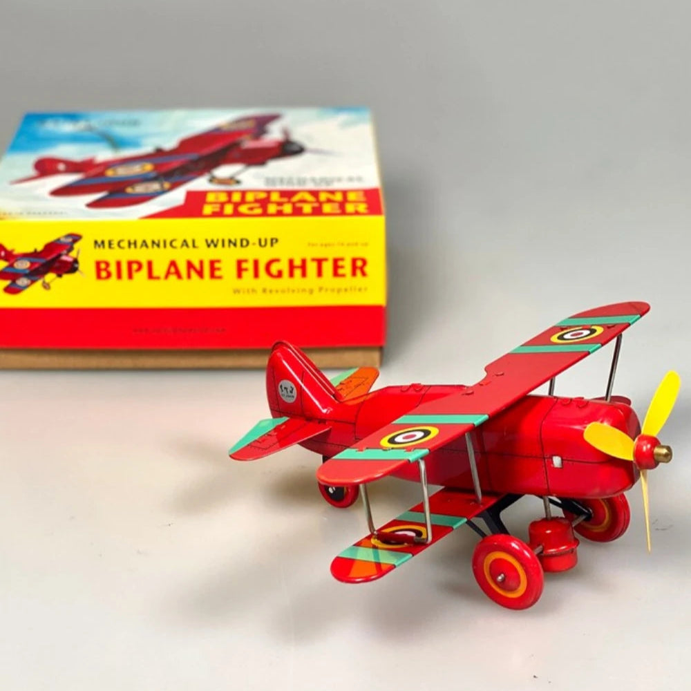 Handmade Biplane Fighter Retro Tin Plane Wind Up Model for Collectors and Gifts