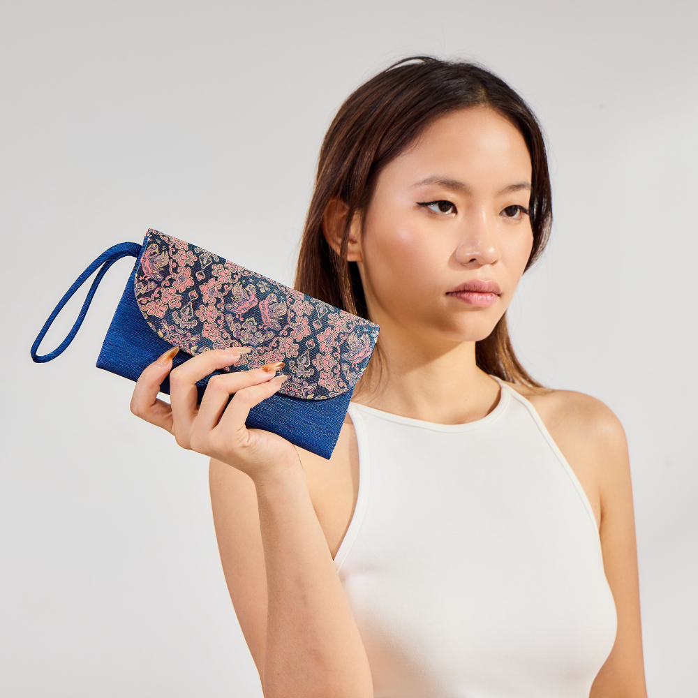 Blue Floral Silk Song Brocade Clutch