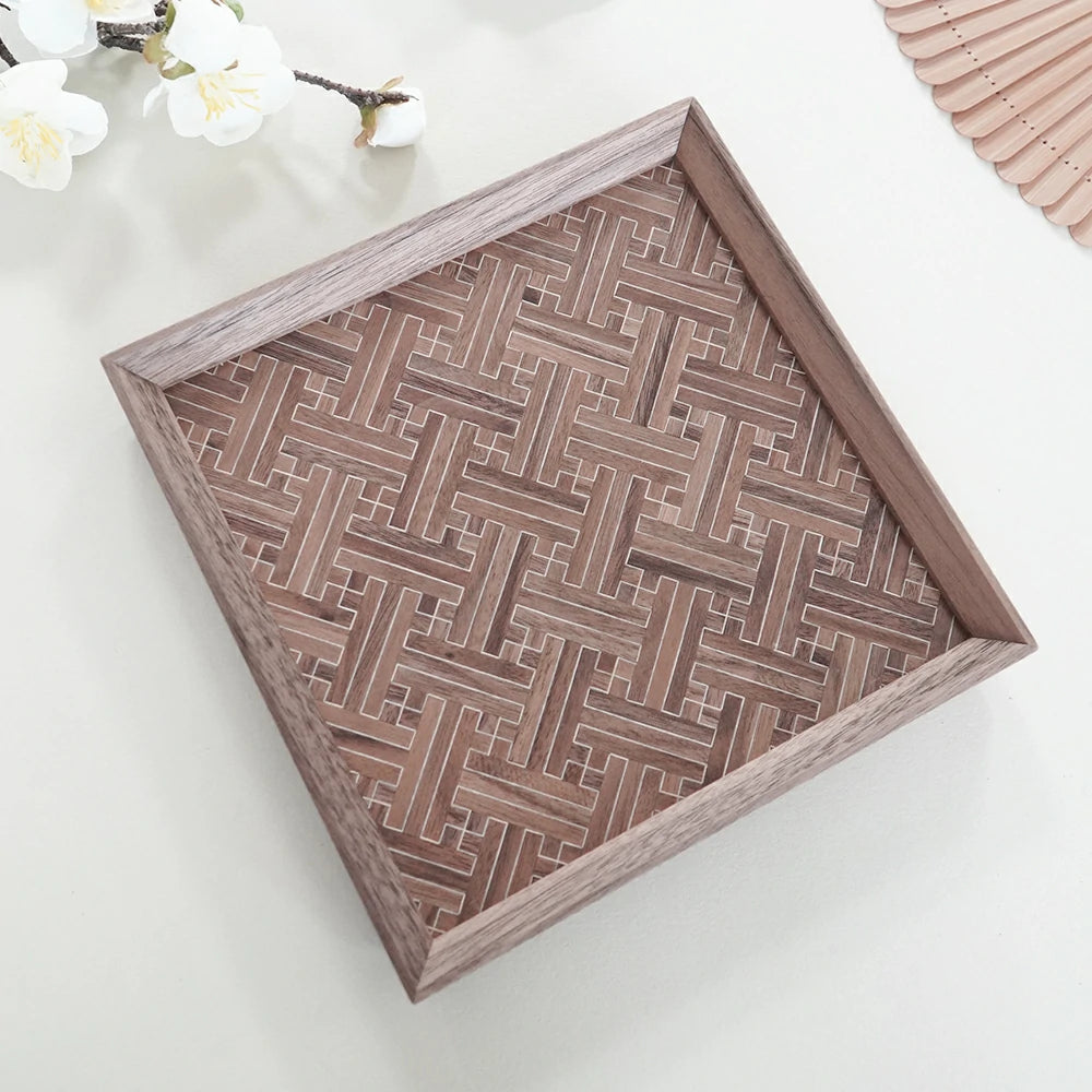 Black Walnut Wood Inlay Small Square Tray – Manji Geometric Pattern