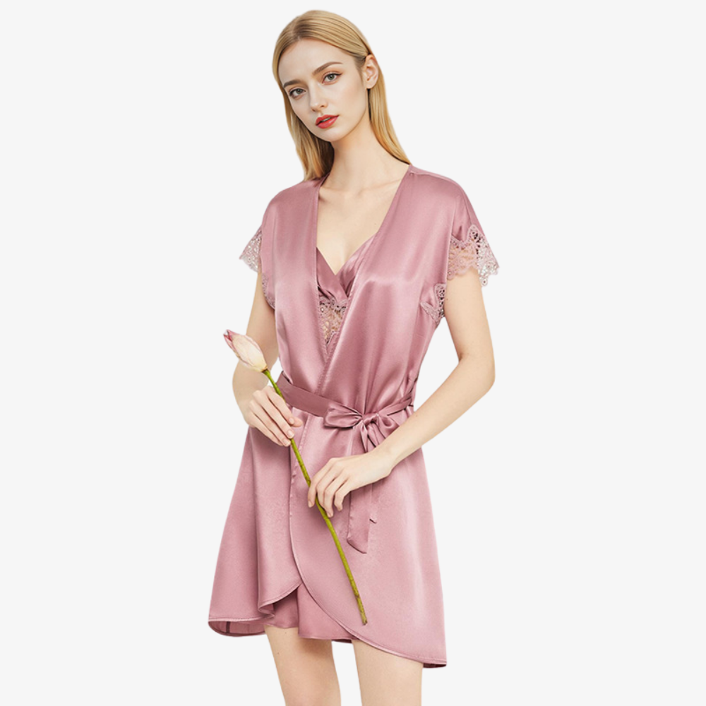 19 Momme 100% Mulberry Silk Camisole Short Nightgown & Robe Set