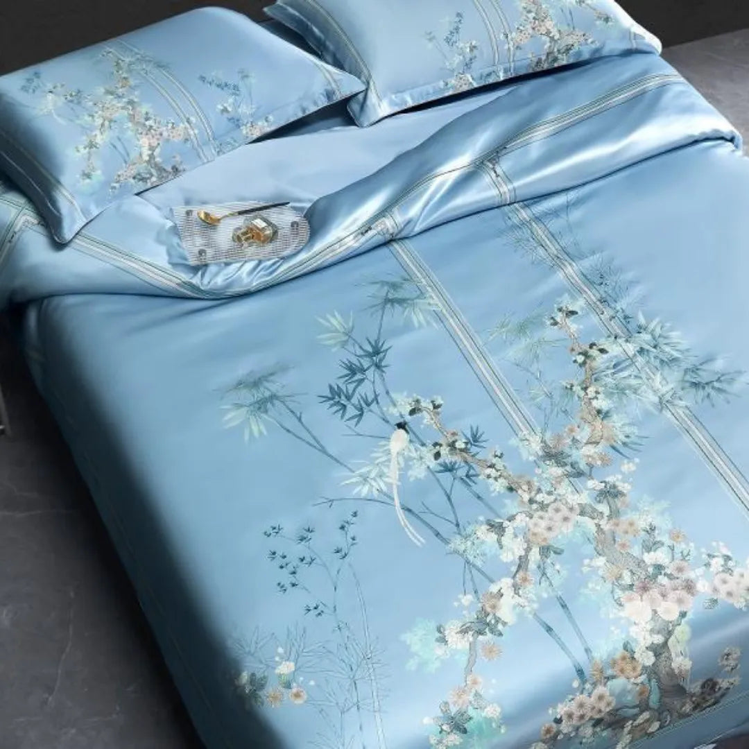 16 Momme 100% Mulberry Silk ‘Melody of Strings & Bamboo’ Flat Sheet