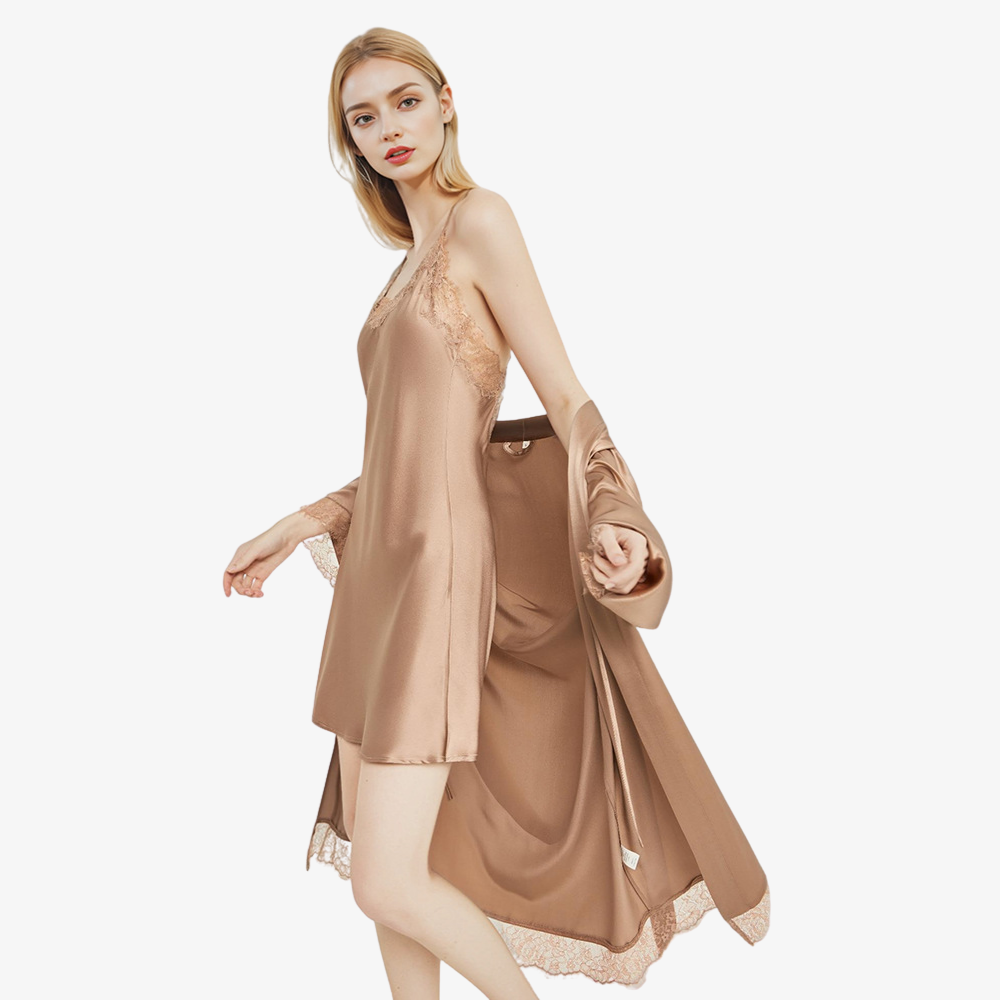 19 Momme 100% Mulberry Silk Lace Camisole & Robe Set