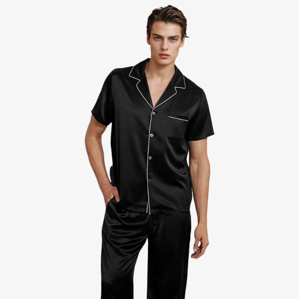 19 Momme 100% Mulberry Silk Men’s Short-Sleeve Long Pants Pajama Set