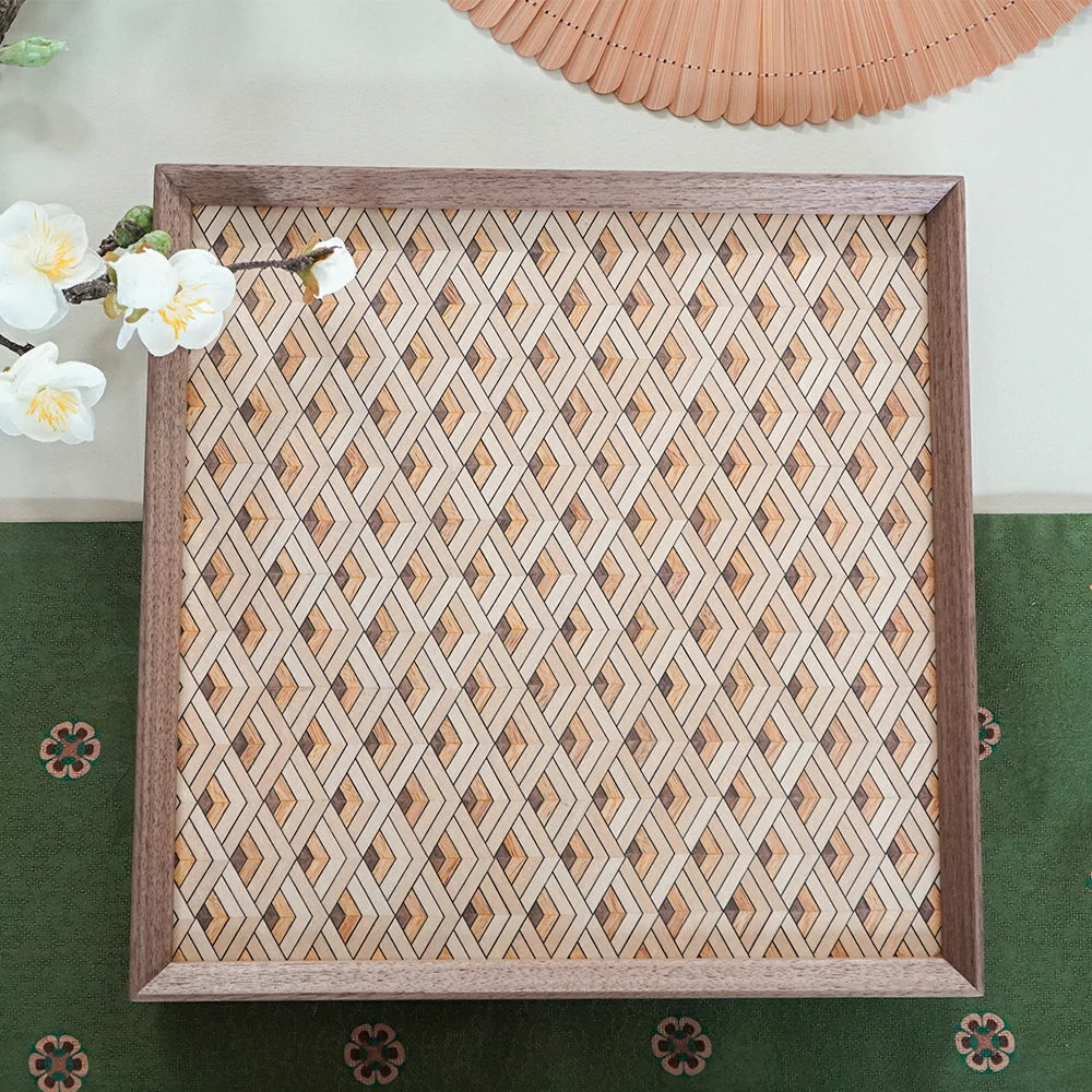 Black Walnut Wood Inlay Tray with Water Ripple Pattern