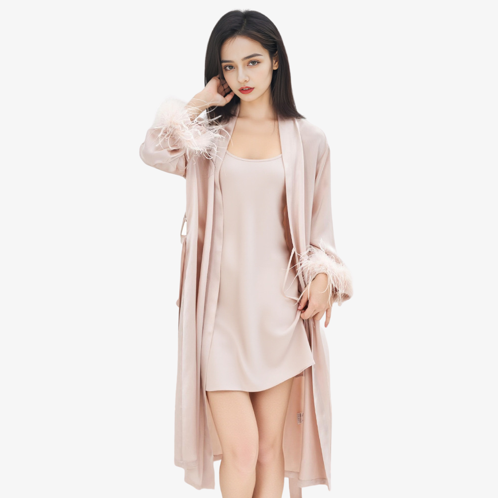 19 Momme 100% Mulberry Silk Feather Trim Robe