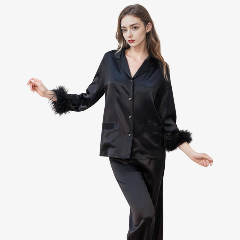 19 Momme 100% Mulberry Silk Feather-Trim Pajama Set