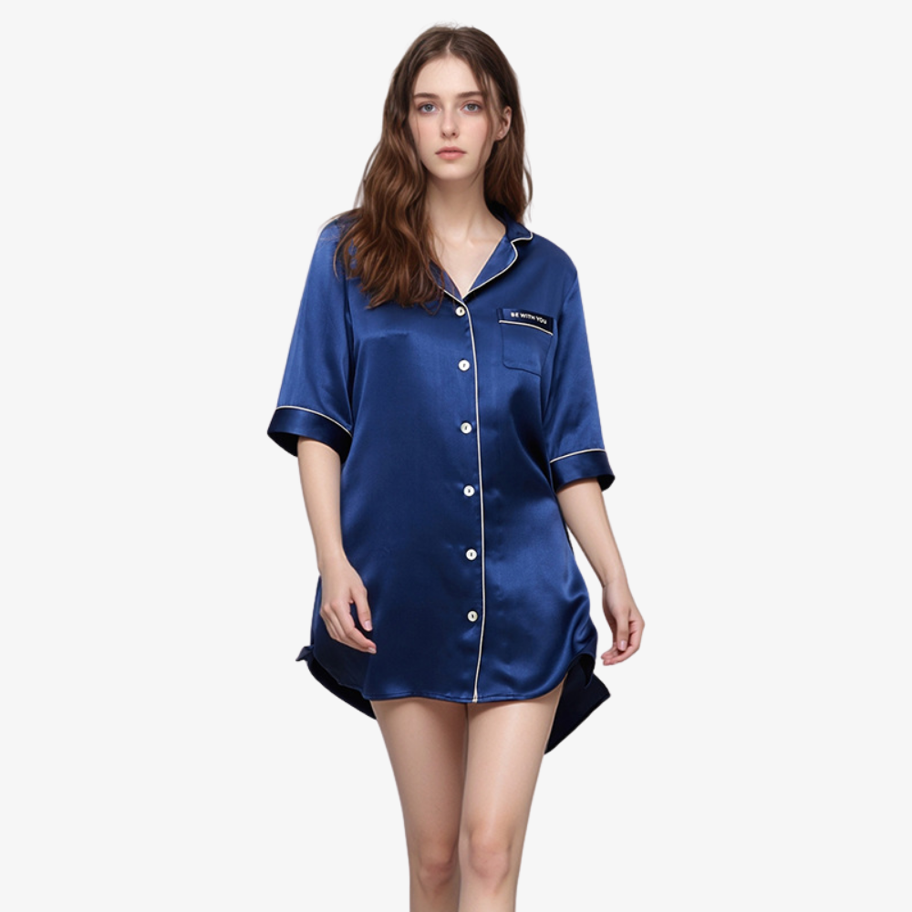 16 Momme 100% Mulberry Silk Mid-Length Shirt Dress Sleepwear