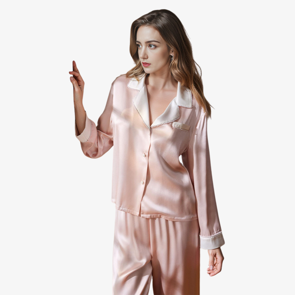 19 Momme 100% Mulberry Silk Color-Blocked Pearl Pajama Set