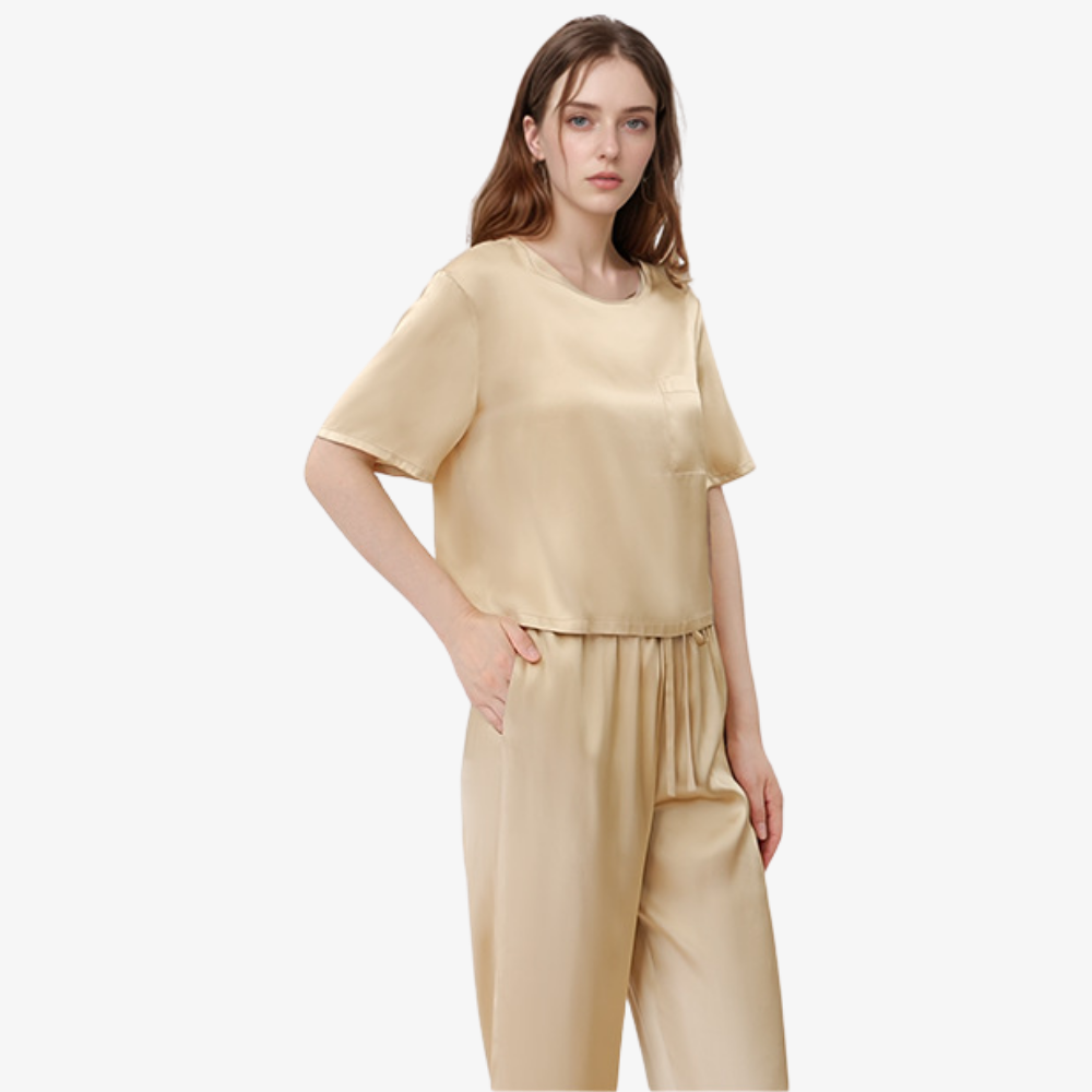 16 Momme 100% Mulberry Silk Short-Sleeve Top & Long Pants Pajama Set