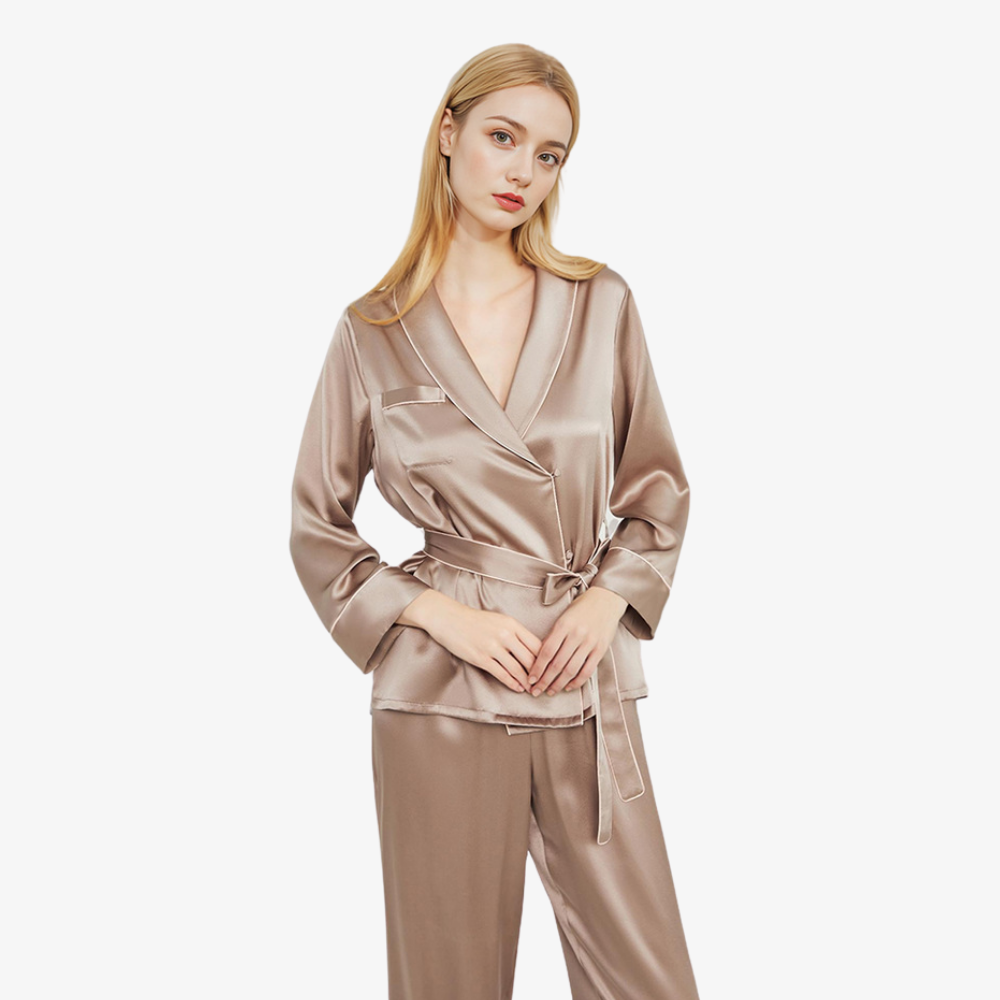 19 Momme 100% Mulberry Silk Short Robe & Long Pants Pajama Set