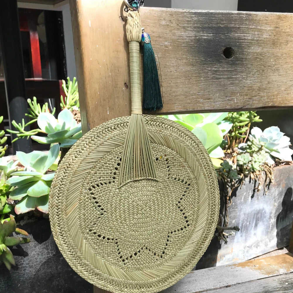 Natural Hand Fan Bamboo Rush Traditional Weaving Large Size Eco Cooling